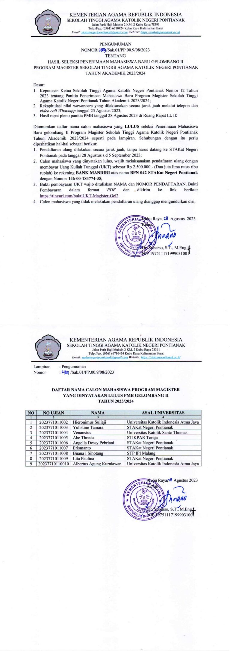 HASIL SELEKSI PENERIMAAN MAHASISWA BARU GELOMBANG II PROGRAM MAGISTER TAHUN AKADEMIK 2023/2024 STAKatN PONTIANAK